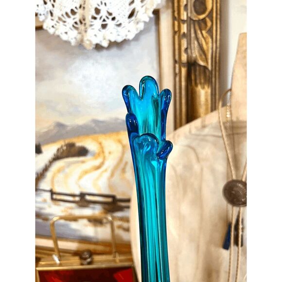 Vintage Viking Glass 19" Bluenique Epic Column Ribbed Swung Vase - Picture 5 of 6